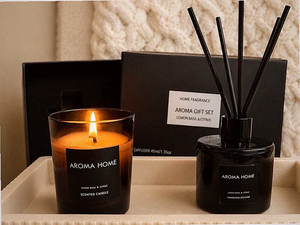 Aroma Home Lemon Basil & Citrus Scented Candle and Fragrance Diffuser Gift Set